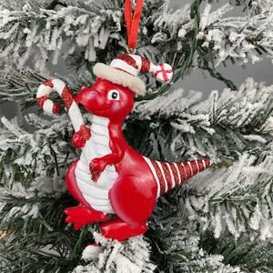 Christmas Ornament- Red Festive Dinosaur Holding Big Candy Cane